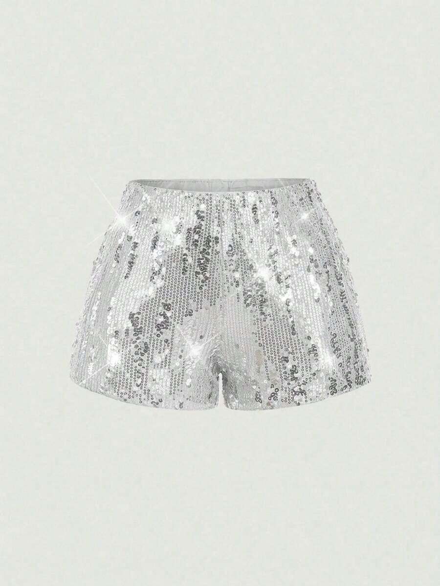 Pantalones cortos negros glamorosos de mujer con adornos de lentejuelas - Plateado - Ver 1