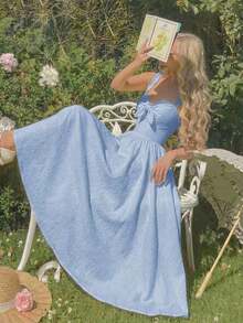 Vestido de mujer de unicolor con nudo delantero, elegante, con tirantes finos y de largo medio - Celeste - Ver 2