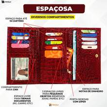 Carteira Couro Legítimo Feminina Grande Zíper Elegante Porta Cartões Presente Luxo MONOLO - Vermelho - Visão 5