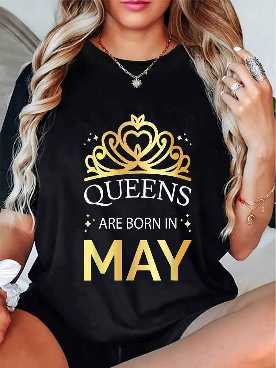 Women's Birthday T-Shirt: Queens Are Born In May, Zodiac Taurus Gemini | Gold Lettering And Crown Design, Loose Fit, Round Neck, Short Sleeve, Breathable And Machine Washable Fabric For Casual Summer Wear. - 黑色 - 查看 1