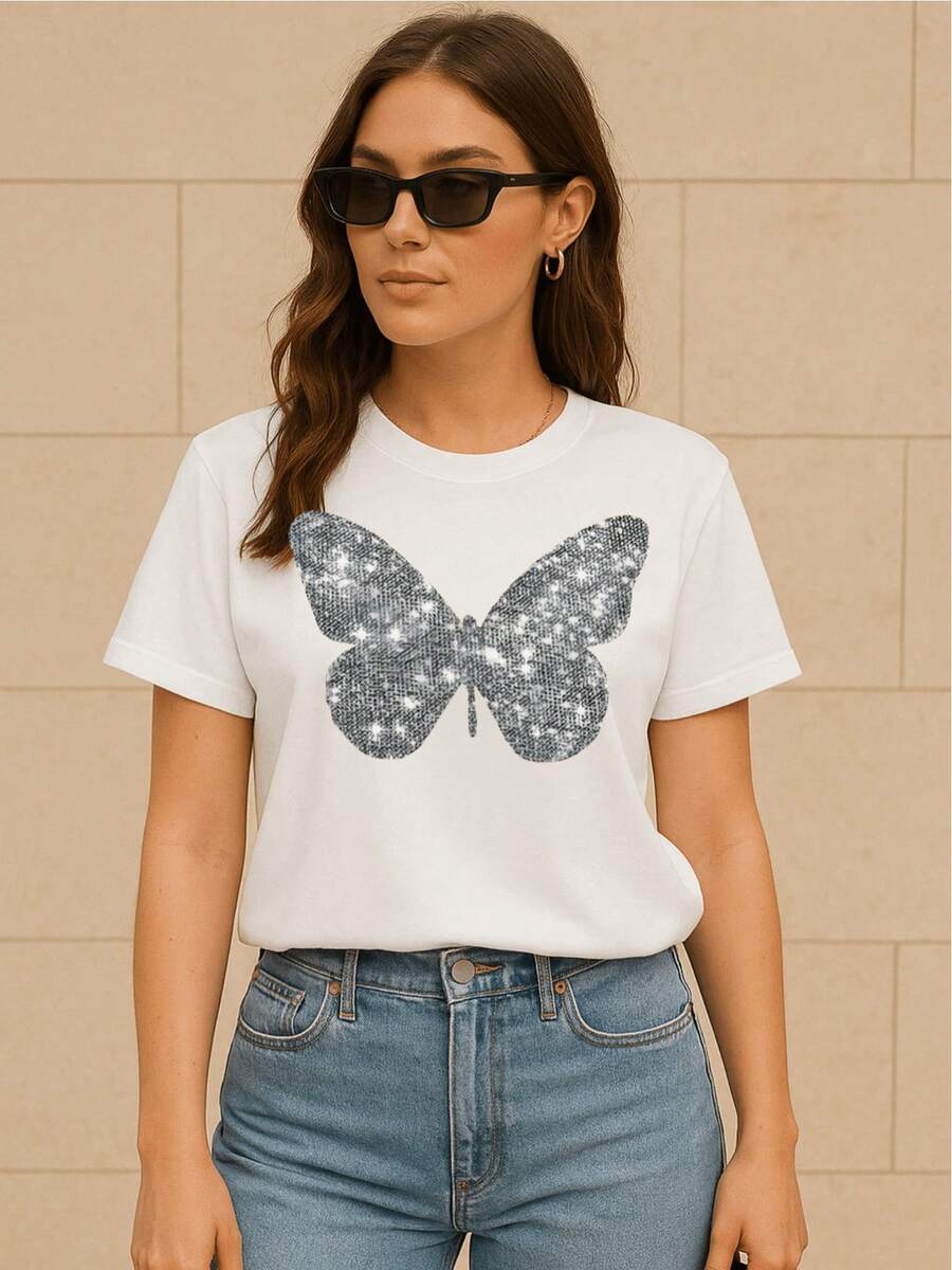 Basic Short-Sleeved T-Shirt With Butterfly Graphic Print And Glitter, Women's Casual, Creative, Cute Style For Spring, Summer, Autumn, Winter, 100% Cotton - [白色的] - 查看 1