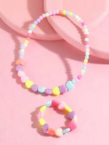 Set Perhiasan Kalung & Gelang Manik-Manik Hati Warna-warni (2pcs/Set), Hadiah Ulang Tahun Pesta Anak Perempuan yang Lucu, Cocok untuk Pemakaian Sehari-hari - Satu-Ukuran - View 5