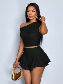Women's One Shoulder Ribbed Crop Top And Ruffle Hem Skirt Two Piece Set, Asymmetric Neckline Slim Fit Top And High Waist Flared Skirt, Casual Party C - 黑色 - 查看 1