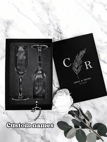 1件可客製化香檳杯－可添加蝴蝶結與姓名｜精緻高腳杯｜伴娘、婚禮週年與情人節理想禮物｜紀念品｜建議手洗｜情侶浪漫禮物｜玻璃材質，個性化禮物 - 彩色 - 查看 1