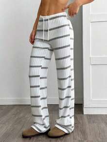 Pantalones casuales de mujer con cintura con cordón acanalado, para primavera/otoño - Gris - Ver 3