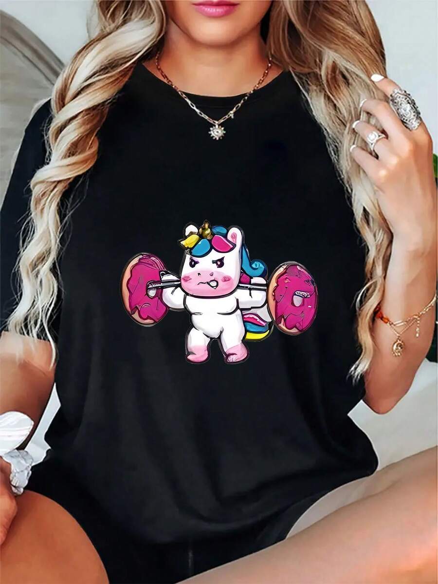 Camiseta de gimnasio de unicornio linda para mujer, tejido de punto de poliéster 95% elastano 5%, ligero estiramiento, cuello redondo, manga corta, camiseta casual para todas las estaciones con estampado de animales de fitness. - Negro - Ver 1