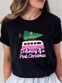 Loose Women's Pink Christmas T-Shirt With Bus, Tree And Christmas Print - Casual Short Sleeve Crew Neck T-Shirt For Parties, Summer Outfits And Retro Style Inspired By The 60s And 70s (MBasic Crew Neck Cotton T-Shirt For Women) - 黑色 - 查看 3