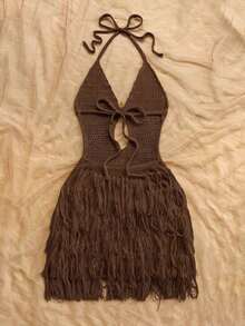 Vestido de suéter ajustado con cuello en V, escote halter y espalda con lazo, estilo bohemio, para vacaciones, otoño/invierno - Café integral - Ver 2