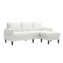 Elegant Sofa With Ottoman And Storage Space: 4 Seats With Comfortable Armrests, Cup Holders, Side Pockets And Sturdy Plastic Legs, Upholstered In Velvet For Added Comfort And A Soft Feel. - Beige - View 8