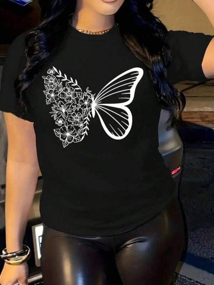 1pc Camisetas para mujer,Camisetas Para Hombre,cuello redondo,estilo urbano juvenil,estilo streetwear,diseño de moda callejera,ideal para uso informal diario - Negro - Ver 1