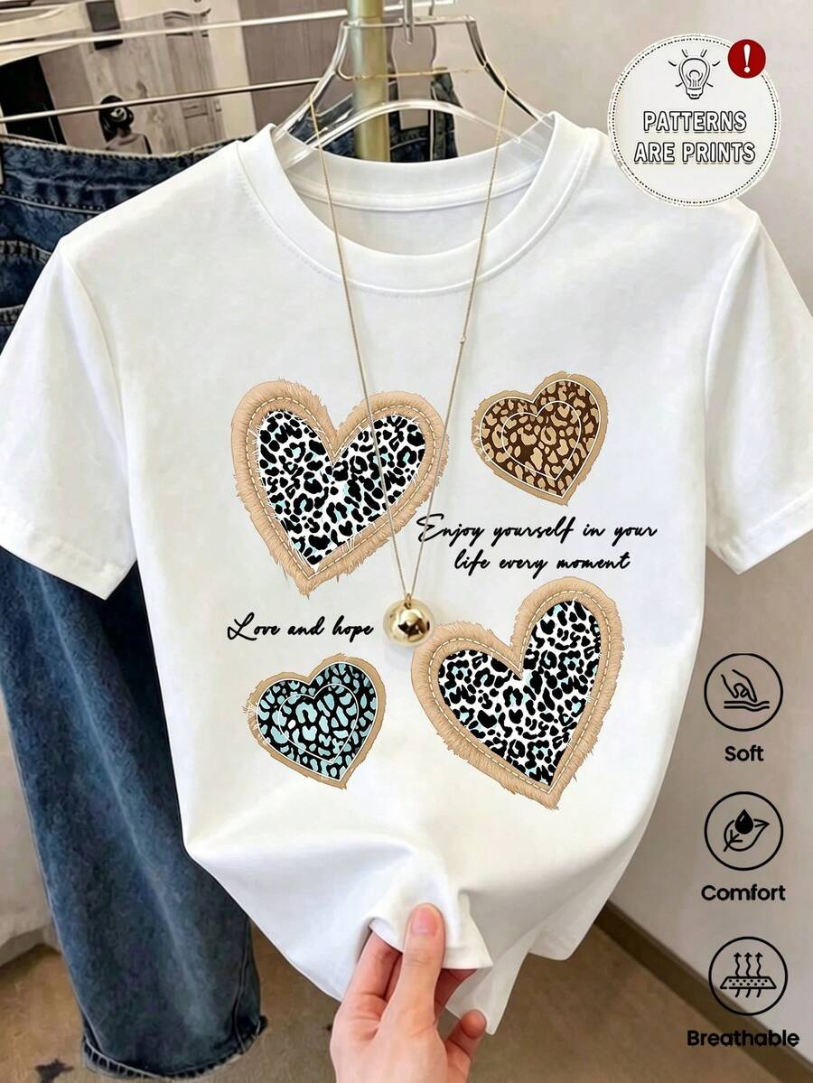 This Women's One-Piece Summer Top Features A Relaxed Fit, Crew Neck, And A Fun Retro Leopard Print With The Phrase "Love And Hope" In A Heart Shape. Perfect For Vacations, The Office, Outings, Everyday Wear, Dates, Parties, Meetings, And Streetwear. A Versatile Casual And Sporty Piece, It Makes A Great Gift For Any Occasion. - 白色 - 查看 1