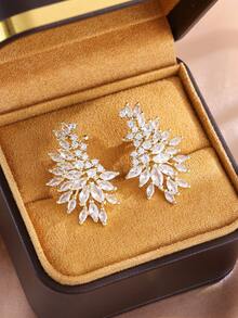 rakol 2pcs Elegant Silver Leaf Cubic Zirconia Decor Bridal Wedding Party Earrings - Gold - View 2