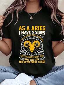 1 Piece Of Women's T-Shirt With Aries Zodiac Sign Print And Graphic Text, Round Neck, Casual Wear, Gift For Her, Soft. - Black - View 1