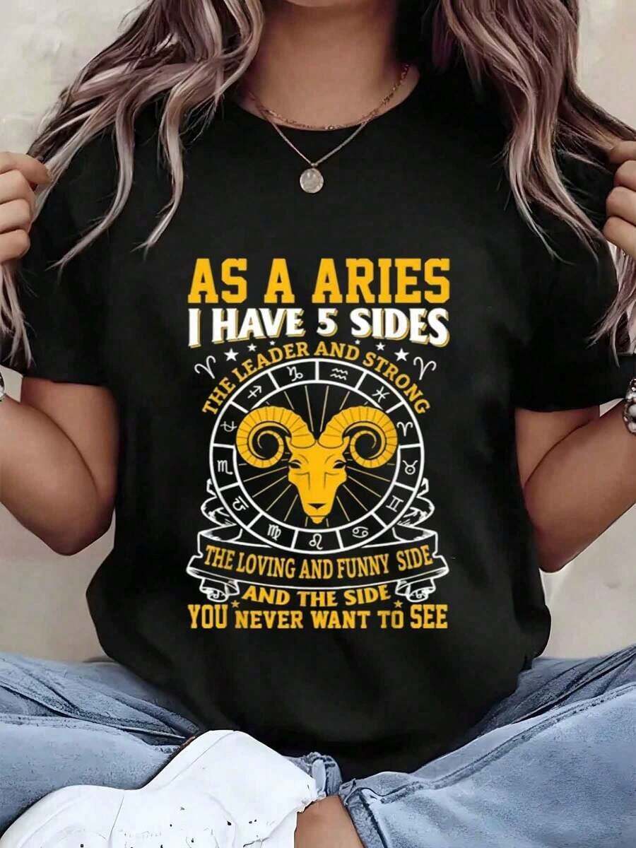 1 Piece Of Women's T-Shirt With Aries Zodiac Sign Print And Graphic Text, Round Neck, Casual Wear, Gift For Her, Soft. - Black - View 1