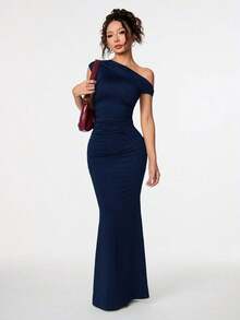 Ropa de verano, atuendos para citas diarias y viajes, atuendos de fiesta, ropa interior elegante para mujeres, atuendos para salir, vestido asimétrico con hombros caídos y cola de pez extra larga, atuendos de club para mujeres, atuendos para - Azul marino - Ver 12
