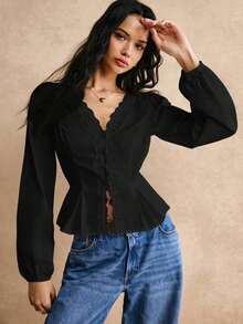 Camisa de algodón blanco con detalles de botones y bordado de encaje en la cintura, camisa de manga larga, camisa de cintura, blusa de encaje, camisa de encaje, camisa de algodón, detalles de cintura elegantes, para uso diario, salida de trabajo, - Negro - Ver 7