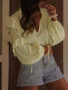 Blusa holgada con cuello en V y lazo, elegante y de moda, versátil para el trabajo y salidas casuales, primavera/verano - Amarillo - Ver 3