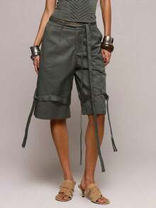 Pantalones cortos de carga con detalles de puntada y pierna ancha, perfectos para primavera y verano, para citas, salidas nocturnas, festivales, vacaciones y talla grande - Gris Oscuro - Ver 2