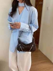 2026新款女款單肩包 小眾設計手提包 休閒百搭極簡時尚腋下包 舒適PU材質 純色設計 拉鍊開合 可調節長肩帶 大容量 春夏枕頭包 - 咖啡 - 查看 3