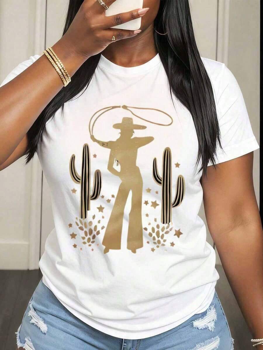 Women's Clothing Short Sleeve T-Shirt For Women With Cactus, Star And Bow Print, Western Cowboy Style, Casual For Everyday Wear, Women's Shirts - 白色 - 查看 1