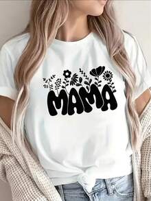 Camiseta de manga corta, ligera y duradera, con un diseño floral de 'Mama', perfecta para uso casual en casa, en la cocina o para actividades al aire libre. - Blanco - Ver 6