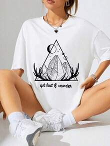Camiseta de mujer con estampado de cornamenta en pico de montaña, holgada Casual Crew Neck Short Sleeve Home Top - Blanco - Ver 1