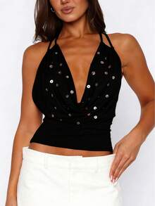 Summer Tank Tops For Women Halter Backless Button Trim Cropped Cami Shirts Y2k Club Going Out  Clothes - 黑色 - View 1