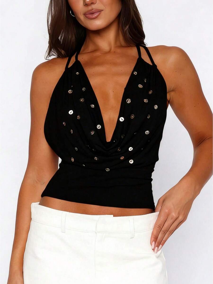Summer Tank Tops For Women Halter Backless Button Trim Cropped Cami Shirts Y2k Club Going Out  Clothes - 黑色 - View 1