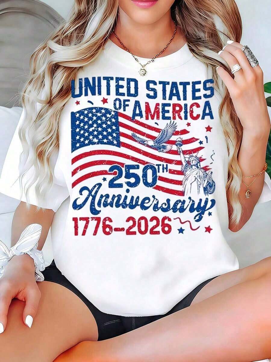 Women's Plus Size T-Shirt For Independence Day 250, United States Of America, 250th Anniversary 1776-2026, Short Sleeve, Cute Print, Casual And Versatile Style For Everyday Wear, Festive T-Shirt For Women, Perfect For Celebrations And Patriotic Events, Essential Gift. - 白色 - 查看 1