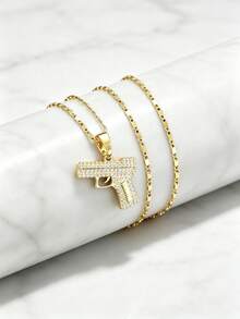 Men's Gold-Plated Zirconia Inlaid Pistol Pendant Necklace, Hip Hop Jewelry, Men's Luxury Zirconia Inlaid Gun-Shaped Pendant, Gold Hip Hop Necklace - Golden - View 1