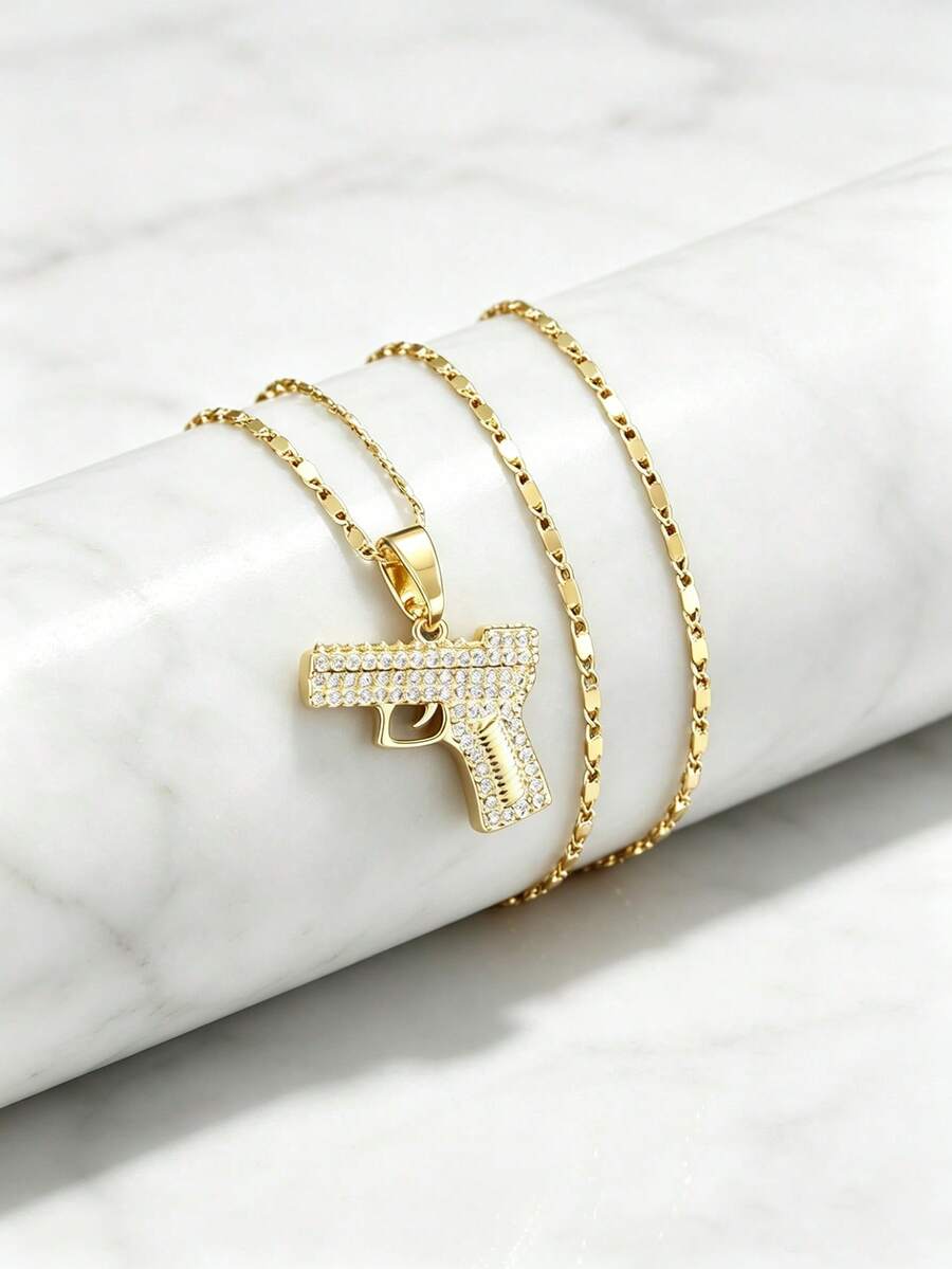 Men's Gold-Plated Zirconia Inlaid Pistol Pendant Necklace, Hip Hop Jewelry, Men's Luxury Zirconia Inlaid Gun-Shaped Pendant, Gold Hip Hop Necklace - Golden - View 1