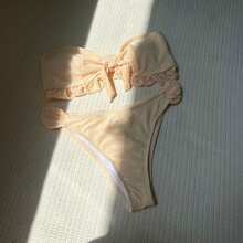 Nuevo bikini de dos piezas sin tirantes con estampado floral de color sólido y tela especial. - Blanco - Ver 8