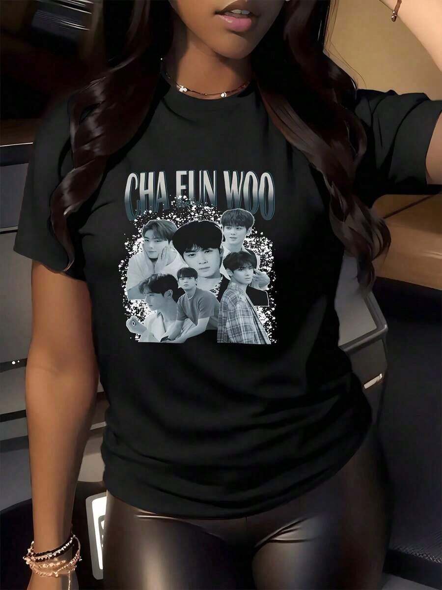 Cha Eun Woo Camiseta de T con Estampado Digital Dise?o de Grupo Idol Coreano 1 unidad de Camisa de T de Manga Corta para Mujer 100% algodón Estilo Casual y Cuello Redondo-Vintage Street Style Unisexoose Cotton Short Sleeve Crew Neck T-Shirt - Negro - Ver 1