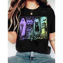 Spooky Season Nightmare Before Christmas Halloween T-Shirt Women S Casual Round Neck Short Sleeve Ghost Pattern Autumn Womenswear Tops - màu đen - Xem 6