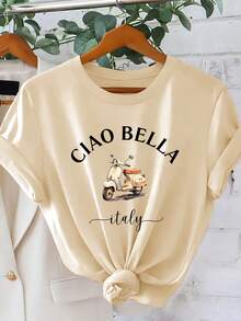 CIAO BELLA Women's Italian Motorcycle Print T-Shirt - Short Sleeve Italian Scooter Blouse, Round Neck And Breathable, Ideal For Spring And Summer, Casual Wear, Commuting And Layering, Machine Washable - Apricot - View 7