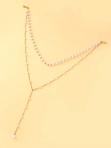 1 Peça Colar Dourado de Duas Camadas com Borla de Pérola e Decote Nas Costas, Acessório Elegante para Mulheres, Adequado para Casamento, Noivado - Dourado - Visão 4