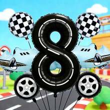 Ein Rennwagen Geburtstagsballon Set mit Sportwagen Folienballons, eleganten schwarzen Zahlen Folienballons und Radnabe Folienballons. Es eignet sich hervorragend als Geburtstagsgeschenk für Söhne und Töchter sowie als Dekoration für Eltern-Kind-Treffen. - Übersicht 12
