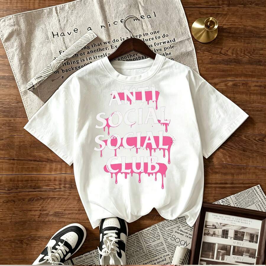 pink drip style graphic design for women's short sleeve t-shirt fashion streetwear print pattern trendy casual wear clothing item for online shopping in Mexico - Blanco - Ver 1
