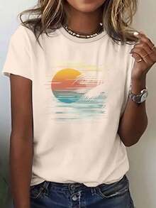 Camiseta con estampado de atardecer atmosférico junto al mar, top casual de manga corta y cuello redondo para verano y primavera, ropa de mujer. - Albaricoque - Ver 6