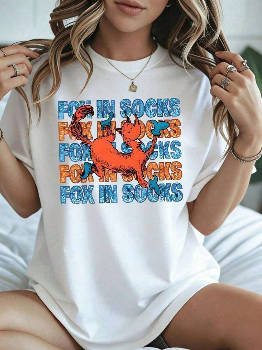 Elegant And Casual Women's Short-Sleeved Fox Print T-Shirt With Socks For Halloween, White Casual Wear For Autumn And Winter. - 白色 - 查看 1