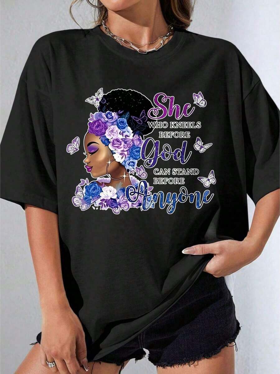 Camiseta Negra y Blanca para Mujer, Camiseta Blanca con Diseño Floral y de Mariposas, Frase Inspiradora sobre Fe y Espiritualidad, para Fiestas al Aire Libre, Camiseta Casual Estampada de 180g - Negro - Ver 1