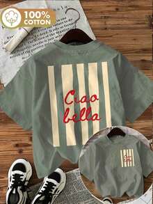 Camiseta de edición limitada con estampado gráfico, manga corta, cuello redondo, top casual para verano y primavera, ropa de mujer, algodón ligero. - Verde - Ver 12