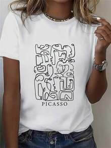 Ropa de mujer: 1 camiseta de mujer con líneas faciales abstractas al estilo Picasso, en un estilo artístico cubista en blanco y negro. Presenta estampados geométricos y un diseño moderno minimalista, con corte holgado, cuello redondo y mangas cortas. Tops de verano para mujer - Blanco - Ver 7