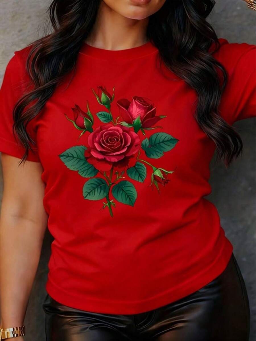 Camiseta Floral de Rosas Rojas y Hojas Verdes para Mujer - Blusa de Manga Corta Suave y Elástica, Adecuada para Uso Diario, Conjuntos para Exteriores, Top Casual de Cuello Redondo, Camiseta Básica Elegante Lavable a Máquina - (Disponibles en Varias Tallas) - Rojo - Ver 1