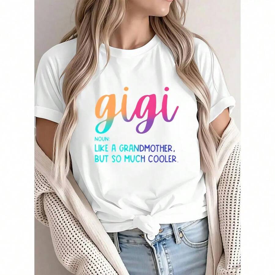 95% Polyester, 5% Elastane, Gigi Alphabet Print Crew Neck Casual T-Shirt, Comfortable Fit For All Seasons, Knit Fabric T-Shirt, Fashion T-Shirts, Tops, T-Shirts. - 白色 - 查看 1