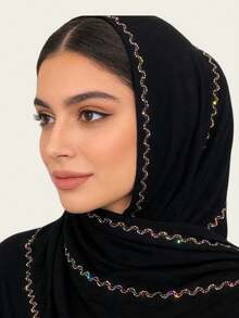 1pc Women's Versatile Fashion Elegant Muslim Hijab Headscarf, Middle Eastern Style Rhinestone Patchwork Long Scarf - Long Scarf With Hot-fix Rhinestones In Multiple Colors - View 7