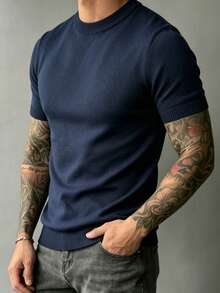 GRDR Men's Striped Crew Neck Lightweight Knit Short Sleeve - Fashionable Versatile Casual Minimalist T-Shirt - Navy Blue - View 2
