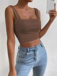 Top Cami Ajustado de Pliegues unicolor y Corto para el Verano - Café integral 2 - Ver 6