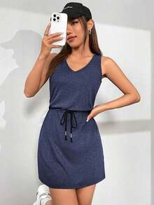 Vestido Sin Mangas Negro Con Cintura Ajustable Y Cordones Para Mujer - Azul marino - Ver 8