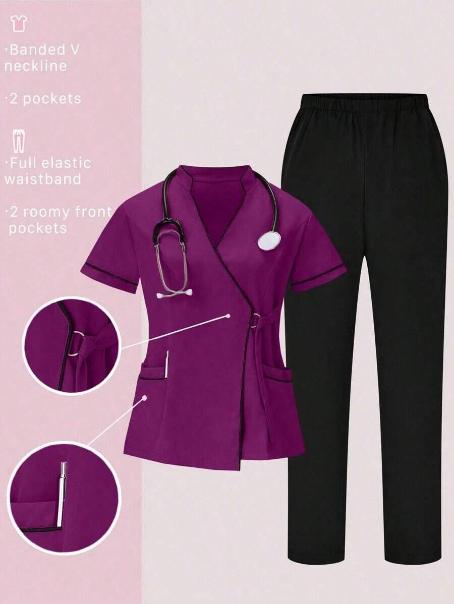 Conjunto de uniformes médicos: Parte superior de cuello en V de manga corta y pantalones para trabajadores de la salud - Rojo violeta - Ver 1